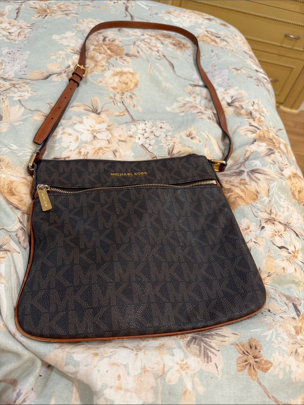 Michael Kors Dark Brown Logo Crossbody with Tan Trim